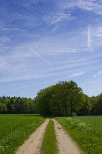 Preview wallpaper road, field, trees, greens, sky, clouds, blue, green