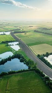 Preview wallpaper road, fields, ponds, trees, grass, aerial view