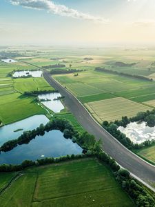 Preview wallpaper road, fields, ponds, trees, grass, aerial view