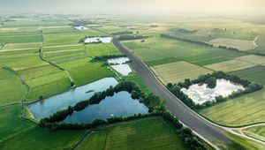 Preview wallpaper road, fields, ponds, trees, grass, aerial view