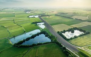 Preview wallpaper road, fields, ponds, trees, grass, aerial view
