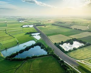 Preview wallpaper road, fields, ponds, trees, grass, aerial view