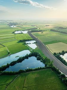 Preview wallpaper road, fields, ponds, grass, nature