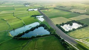 Preview wallpaper road, fields, ponds, grass, nature