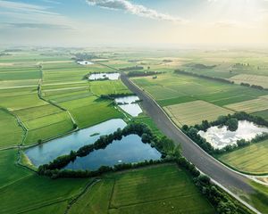 Preview wallpaper road, fields, ponds, grass, nature