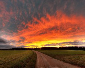 Preview wallpaper road, fields, sky, decline, evening, village