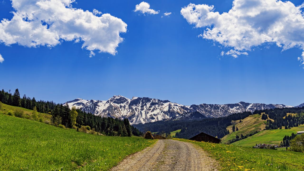 Wallpaper road, fields, trees, mountains, clouds, nature