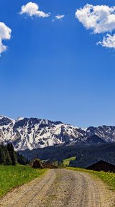 Preview wallpaper road, fields, trees, mountains, clouds, nature