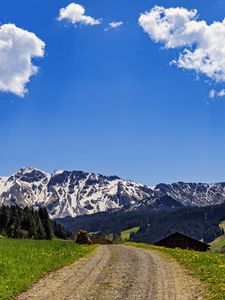 Preview wallpaper road, fields, trees, mountains, clouds, nature