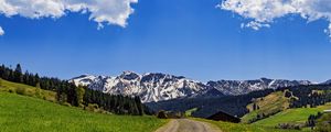 Preview wallpaper road, fields, trees, mountains, clouds, nature