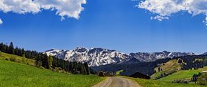 Preview wallpaper road, fields, trees, mountains, clouds, nature