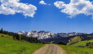 Preview wallpaper road, fields, trees, mountains, clouds, nature