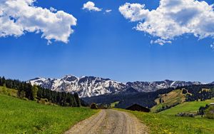 Preview wallpaper road, fields, trees, mountains, clouds, nature
