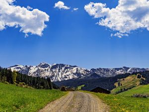 Preview wallpaper road, fields, trees, mountains, clouds, nature