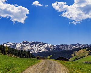 Preview wallpaper road, fields, trees, mountains, clouds, nature