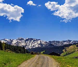 Preview wallpaper road, fields, trees, mountains, clouds, nature