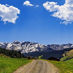 Preview wallpaper road, fields, trees, mountains, clouds, nature