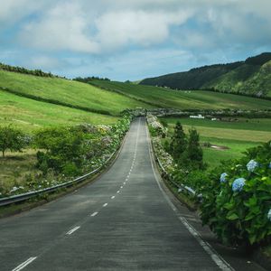 Preview wallpaper road, flowers, slope, hills