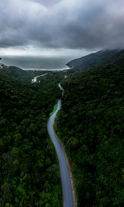 Preview wallpaper road, fog, aerial view, forest, sky, sea