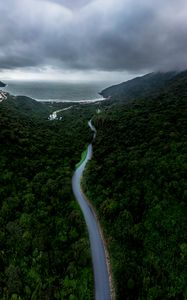 Preview wallpaper road, fog, aerial view, forest, sky, sea