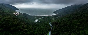 Preview wallpaper road, fog, aerial view, forest, sky, sea