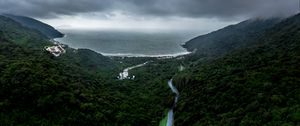 Preview wallpaper road, fog, aerial view, forest, sky, sea