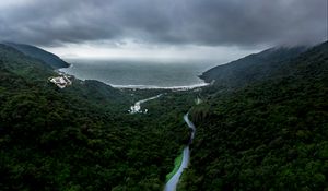 Preview wallpaper road, fog, aerial view, forest, sky, sea