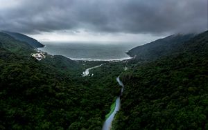 Preview wallpaper road, fog, aerial view, forest, sky, sea