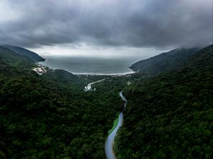 Preview wallpaper road, fog, aerial view, forest, sky, sea