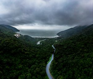 Preview wallpaper road, fog, aerial view, forest, sky, sea
