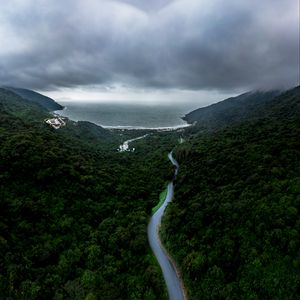 Preview wallpaper road, fog, aerial view, forest, sky, sea