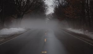 Preview wallpaper road, fog, alley, trees