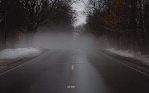 Preview wallpaper road, fog, alley, trees