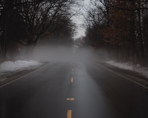 Preview wallpaper road, fog, alley, trees