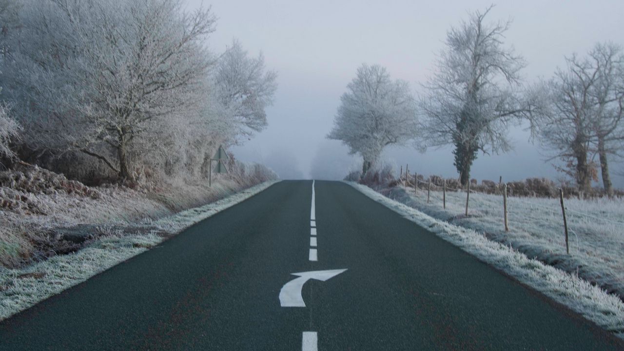 Wallpaper road, fog, asphalt, arrow, frost, marking