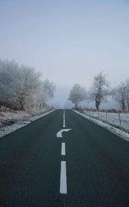 Preview wallpaper road, fog, asphalt, arrow, frost, marking