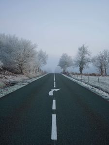 Preview wallpaper road, fog, asphalt, arrow, frost, marking