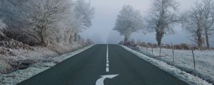 Preview wallpaper road, fog, asphalt, arrow, frost, marking