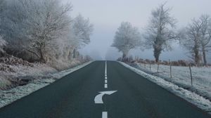 Preview wallpaper road, fog, asphalt, arrow, frost, marking