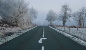 Preview wallpaper road, fog, asphalt, arrow, frost, marking