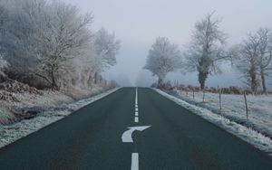 Preview wallpaper road, fog, asphalt, arrow, frost, marking
