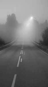 Preview wallpaper road, fog, bridge, streetlights, asphalt, forest, bw