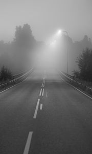 Preview wallpaper road, fog, bridge, streetlights, asphalt, forest, bw