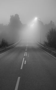 Preview wallpaper road, fog, bridge, streetlights, asphalt, forest, bw