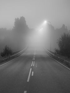 Preview wallpaper road, fog, bridge, streetlights, asphalt, forest, bw