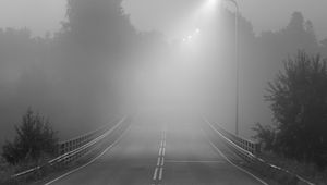 Preview wallpaper road, fog, bridge, streetlights, asphalt, forest, bw