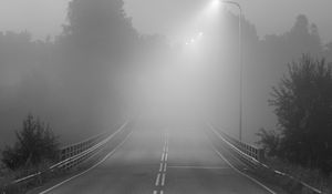 Preview wallpaper road, fog, bridge, streetlights, asphalt, forest, bw
