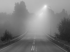 Preview wallpaper road, fog, bridge, streetlights, asphalt, forest, bw