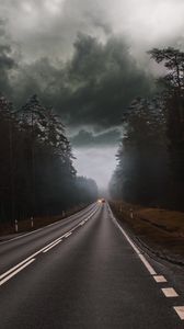 Preview wallpaper road, fog, clouds, overcast, cars, trees