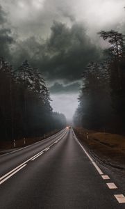 Preview wallpaper road, fog, clouds, overcast, cars, trees